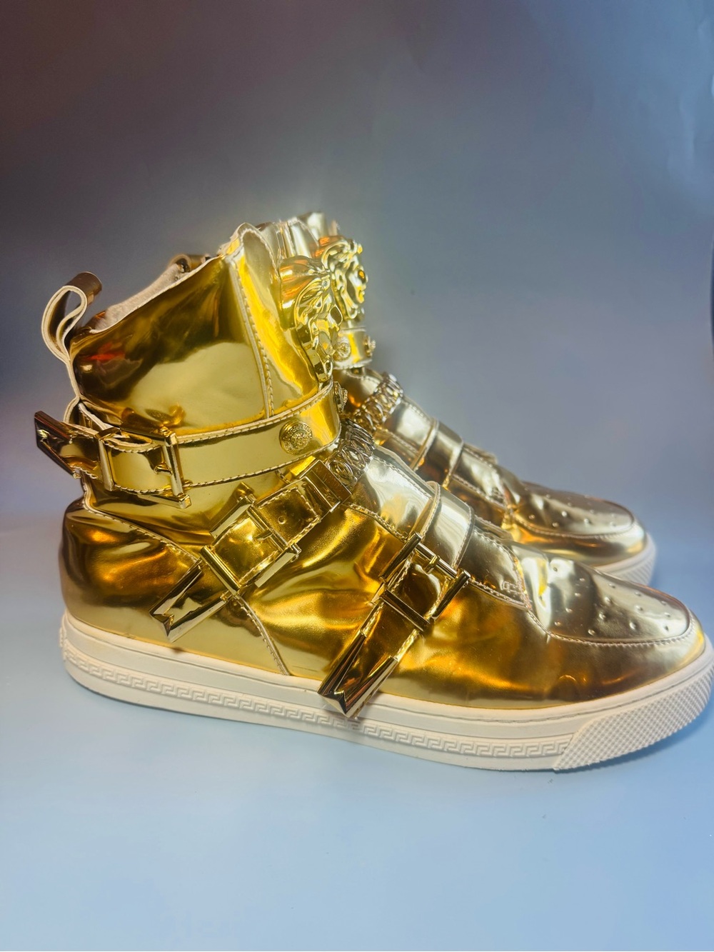 Versace Metallic Gold High-Top Sneakers with Medusa Plaques - Picture 2 of 16